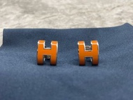 (正品) 愛馬仕 HERMES 經典Pop H立體簍空橢圓LOGO耳環(大-橘/銀邊)