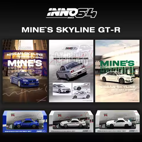 INNO In Stock 1:64 Skyline GTR R34 V Spec Tuned Mine`s Blue R33 Diecast Diorama Car Model Collection