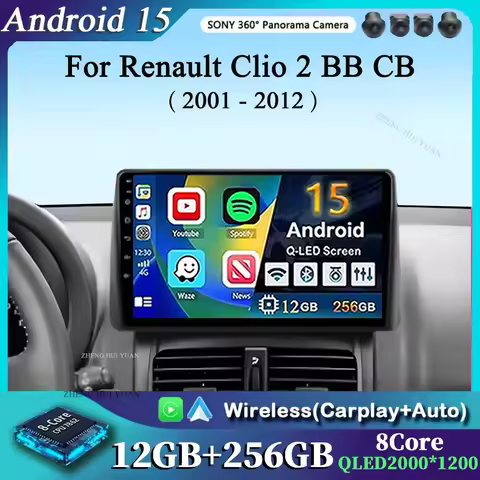Android 15 Car Radio Carplay For Renault Clio 2 BB CB 2001 - 2012 Navigation GPS Android Auto Screen