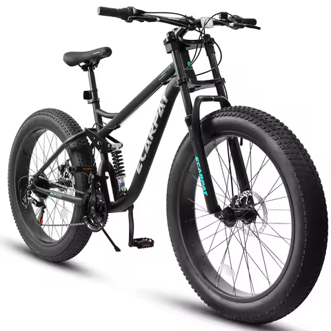 26 inch Mountain Bike, Full-Suspension 21 Speeds Drivetrain with Disc-Brake MTB Bicycle, 26*4" Fat t