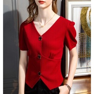 SK2603 -M'SIA Stok Sedia Fesyen Baju Wanita Ready Stock Women Top Female Top法式V领十字扣短袖不规则短款t恤上衣