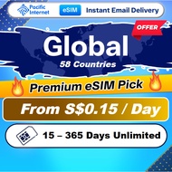Pacific Internet Global Travel eSIM 58 Destinations 15-365 Days 1.5GB-8GB + Unlimited Data | Email D