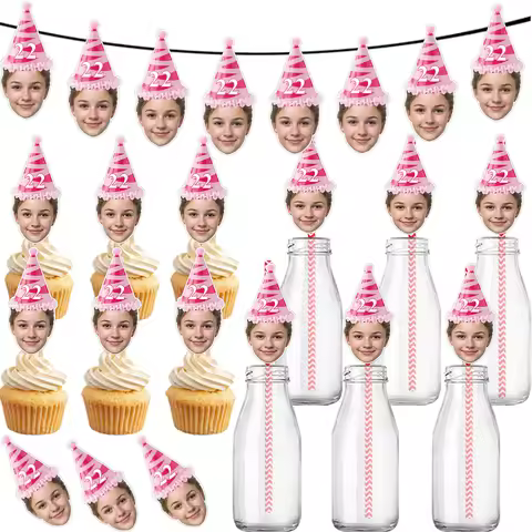 Custom Birthday Hat Pattern Decorations 18th 22nd 30th Birthday Banner Straws Cupcake Toppers for Ha
