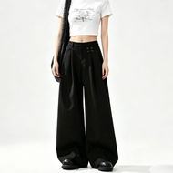 J019-Semi-elastic hem embroidery, straight loose drape casual high waist wide-leg trousers for women