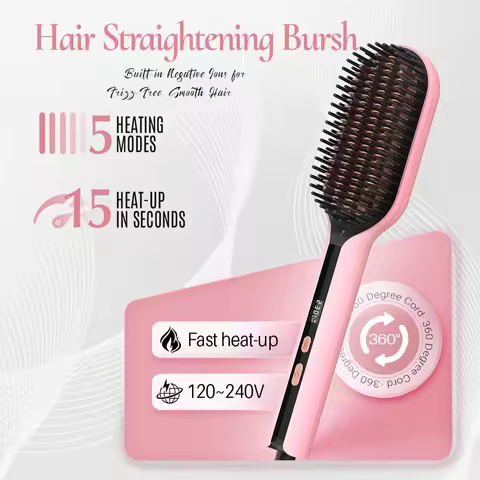 Electric Hair Straightening Brush, 45s Fast Heat-Up, 5 Temp Modes Hot Straightener Comb, 360° Swivel