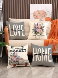 4 件裝春季主題字母、汽車花瓶、薰衣草和玫瑰印花家居裝飾枕套