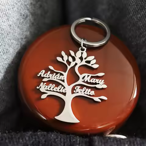 Custom 1-6 Names Tree of Life Keychain Customized Family Member Name Round Stainless Steel Personali