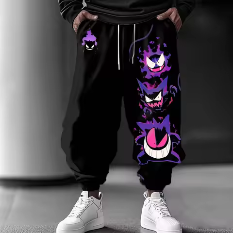Pokemon Print New Streetwear 2026 Mens High Waist Cotton Pants Wide Leg Trousers Loose Fit Casual Br