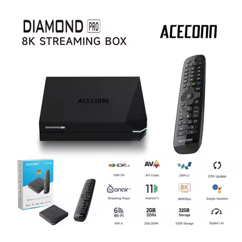 Diamond Pro TV Box IPTV ACECONN TVONAIR3 4K/8K 2GB+32GB WiFi6 Bluetooth Voice Remote Control Backlig
