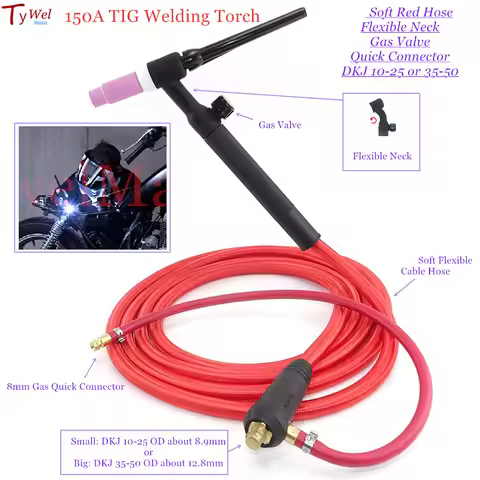 150A TIG Welding Torch 3m/5m Soft Red Hose Flexible Gas Valve Quick Connector DKJ 10-25 35-50 WP17 W
