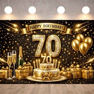 Happy 70th Birthday Golden Diamond Number Polyester Waterproof Banner Backdrop Cake Champagne Gift B