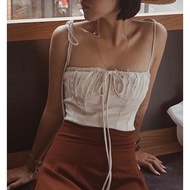 Áo hai dây cúp ngực kèm váy hai dây dáng suông The Country Camilo Beige - Top/ Dress vải linen