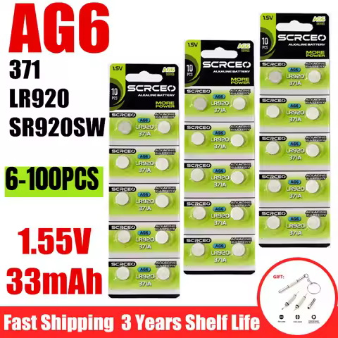 6-100Pcs AG6 Alkaline Battery 1.55V Button Coin Cell 371 SR920SW LR920 SR927 171 370 L921 LR69 SR920