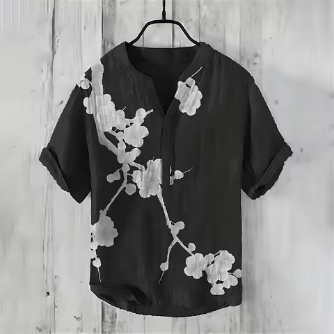2025 New Spring And Summer Men's Fashion Casual Shirt Men's Art Illustration 3D Printing Small V-nec