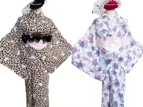 Japanese Women's Yukata Kimono 2-Piece Set - Traditional Separates Polyester Outfit for Fire works F