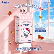 TisuToonShop Hello Kitty Drawstring Tissue 4 Ply Thick Soft Facial Tissue 1320 Sheets Virgin Wood Pu