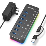 RSHTECH ฮับ USB พลังงาน518R RGB 7พอร์ต USB 3.0 /Usb C Hub กับ14โหมด RGB แถบไฟ LED สวิทช์แบบสัมผัสส่ว