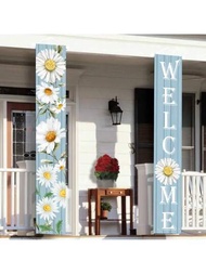 2入組帶雛菊的春夏歡迎橫幅，門廊標誌，前門懸掛，淺藍色和白色花卉季節性室內外牆面裝飾用於農舍