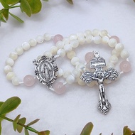Catholic Rosary Our Lady Miraculous Rosary White Shell Pearl Rose Quartz Baptism Gift