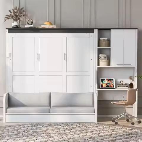 Queen Size Murphy Bed with Sofa, Desk, and Storage Cabinet - Space-Saving Wall Bed for Small Rooms a