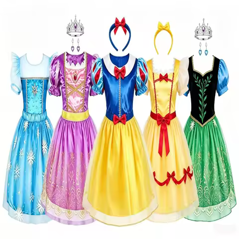 Dreamy Royal Fairytale Cosplay Dress Kit Kids Multiple Pattern Puff Sleeve Gown Matching Jewelry Hea