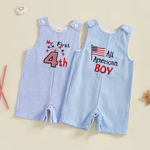 2025-02-28 Lioraitiin Baby Boy 4th of July Romper Star Letter Striped Sleeveless Overall Bodysuit Cu
