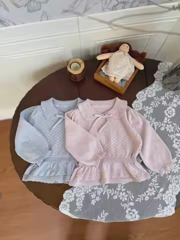 2026 Spring Gentle Style Girls Knit Blouse Peter Pan Collar Bow Tie Waisted Top Blue Puff Sleeve Chi