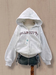 ÁO KHOÁC HOODIE NỈ NỮ THIẾT KẾ KHÓA KÉO THÊU CHỮ HELLOKITTY CÓ TÚI TRONG MẪU MỚI