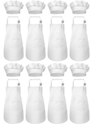 SATINIOR 8 Set Kids Apron and Chef Hat Set Kids Apron with 2 Pockets Adjustable for Boys Girl's Cook
