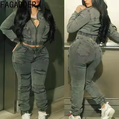 FAGADOER Fashion Denim Two Piece Set for Women Y2k Streetwear Lapel Zip Crop Jacket And Cargo Pocket