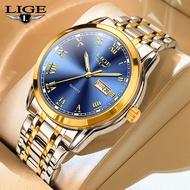 LIGE Men Watch Original Fashion Sports Quartz Stainless Steel Gold Business Waterproof Quartz Watch Date Week