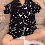Sanrio Hello Kitty สีดำชุดนอนชุดนอนผู้หญิงฤดูร้อนแขนสั้นสีดำกางเกงขาสั้นน่ารัก Y2k MODE Korea เสื้อผ