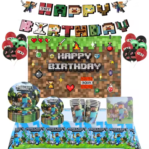 Minecraft Pixel Game Themed Disposable Tableware Kit Include Banner Plate Cup Napkin Table Kids Birt