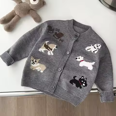 Children's Round Neck Sweaters Autumn New Dog Pattern Baby Clothings Japanese and Korean Grey Knitte