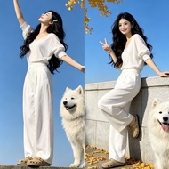 Lazy Style Suit Women 2026 Wear White Simple Commuter Bat Sleeve t-Shirt Wide-Leg Pants One Set 5.9.