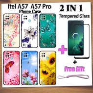 2 IN 1 Itel A57 A57 Pro Phone Case with Tempered Glass Tempered Film Butterfly