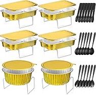 Maxcheck 6 Sets Disposable Chafing Dishes Buffet Set Warming Dishes for Buffet Food Warmer Catering Supplies Included Rectangular and Round Chafer Trays Serving Utensils and Wire Racks Buffet Stand