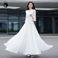 baju nikah perempuan pengantin gaun putih perangai 2022 new women's long sleeve collar solid color chiffon dress slim show skinny beach resort swing