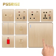 PSSRISE 【C85】Gold Socket with Usb ​13A 15A Universal Plug Socket ​PC Large Board Brushed Panel 1/2/3/4Gang/Autogate/Light Wall Switch One Stop Shopping​【One Year Warranty】