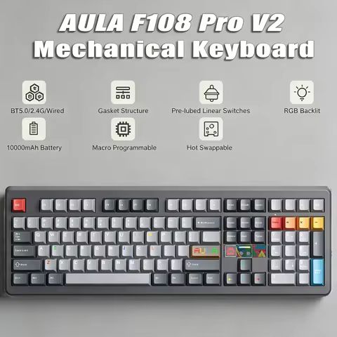 AULA F108 Pro V2 Tri-Mode Wireless Gaming Keyboard 8KHz Polling Rate 100% Layout RGB Backlit Hot-swa