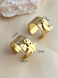 1ชิ้น แหวนสแตนเลสแฟชั่น 18 K Gold Plated Star และ Moon Charm, Retro แหวนคู่