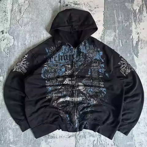 Y2K New Affliction Hoodie Retro Gothic Pattern Zipper Hoodie Men Street Hip Hop Harajuku Casual Over