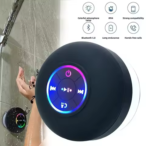 Bluetooth Speaker Portable Wireless Mini LED Speaker With Mic Suction Cup IPX4 Waterproof Resistant 