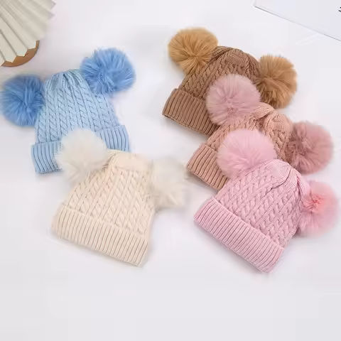 Ins Winter Warm Braided Knitted Baby Turban Hats Fleece-lined 0-3Years Cute Pompom India Caps Beanie