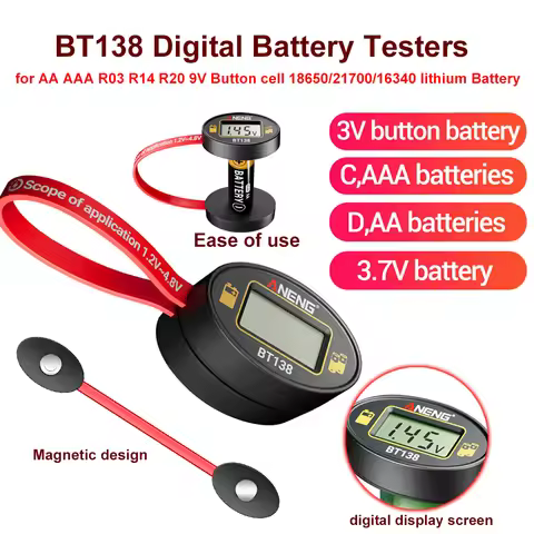 BT138 Digital Battery Testers Magnetic Capacity Detect for AA AAA R03 R14 R20 9V Button cell 18650/2