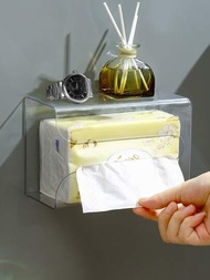 1入組掛壁式塑膠紙巾收納盒浴室用簡約透明方形多功能衛生紙架