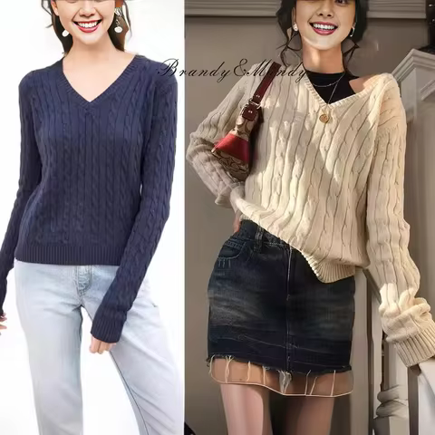 Brandy Mandy-Women's V-Neck Long Sleeve Knit Sweater, Casual Autumn Top, Navy Crop Pullover for Girl