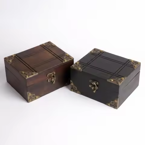 Vintage Wooden Storage Box with Corner Protector, Lockable Jewelry Treasure Chest for Escape Room Pr
