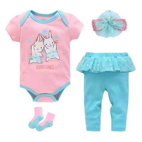 4 Pieces Baby Girls Clothing Set Kids Baby Romper+Pant+Socks+Headband Pink Cotton Baby Gilrs Dresses