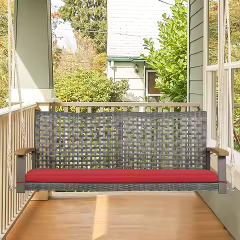 Rattan Patio Porch Swing 2-Person Cushioned Swing Chair Bench w/ Hanging Ropes